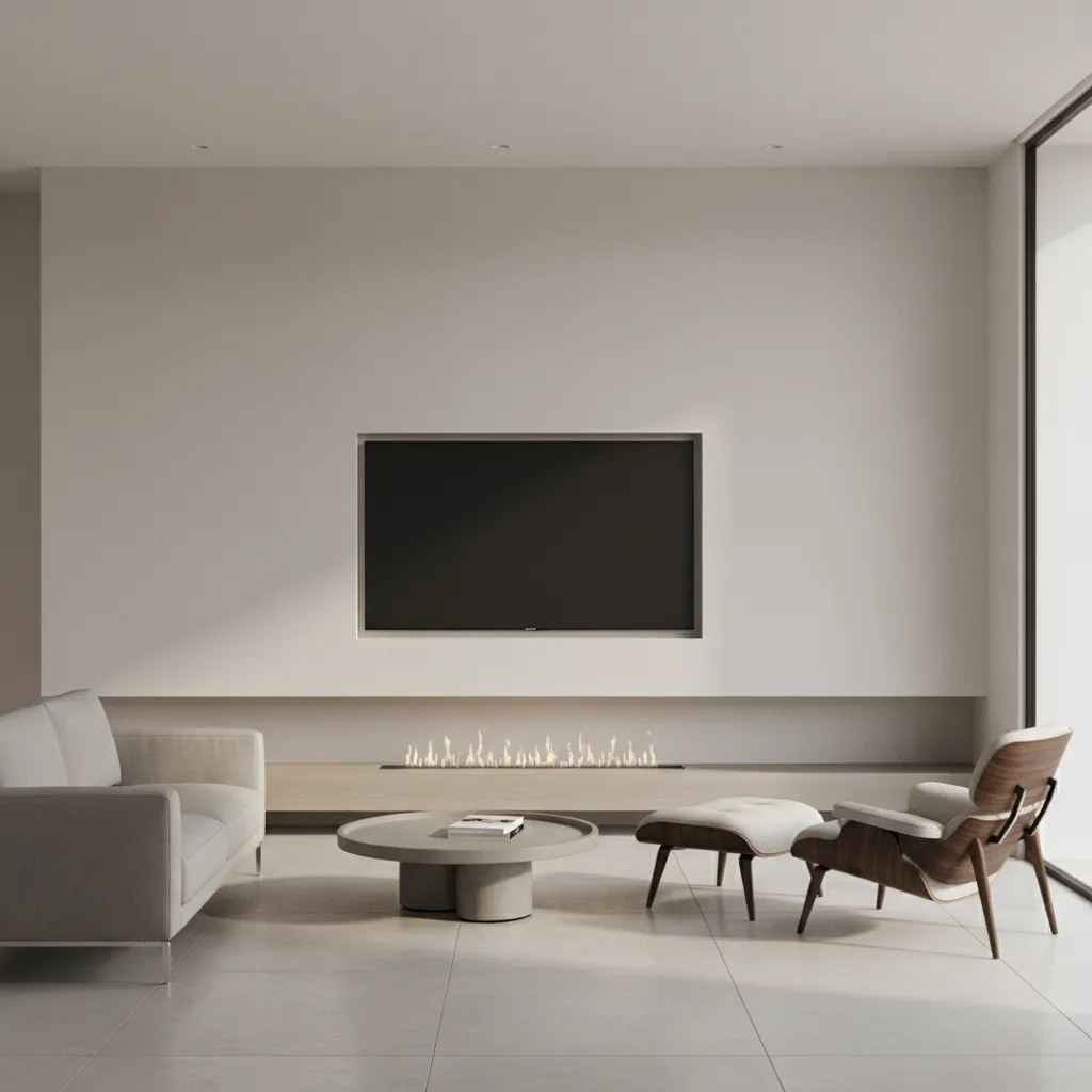 Minimalist living room with TV above linear fireplace and clean plaster feature wall
