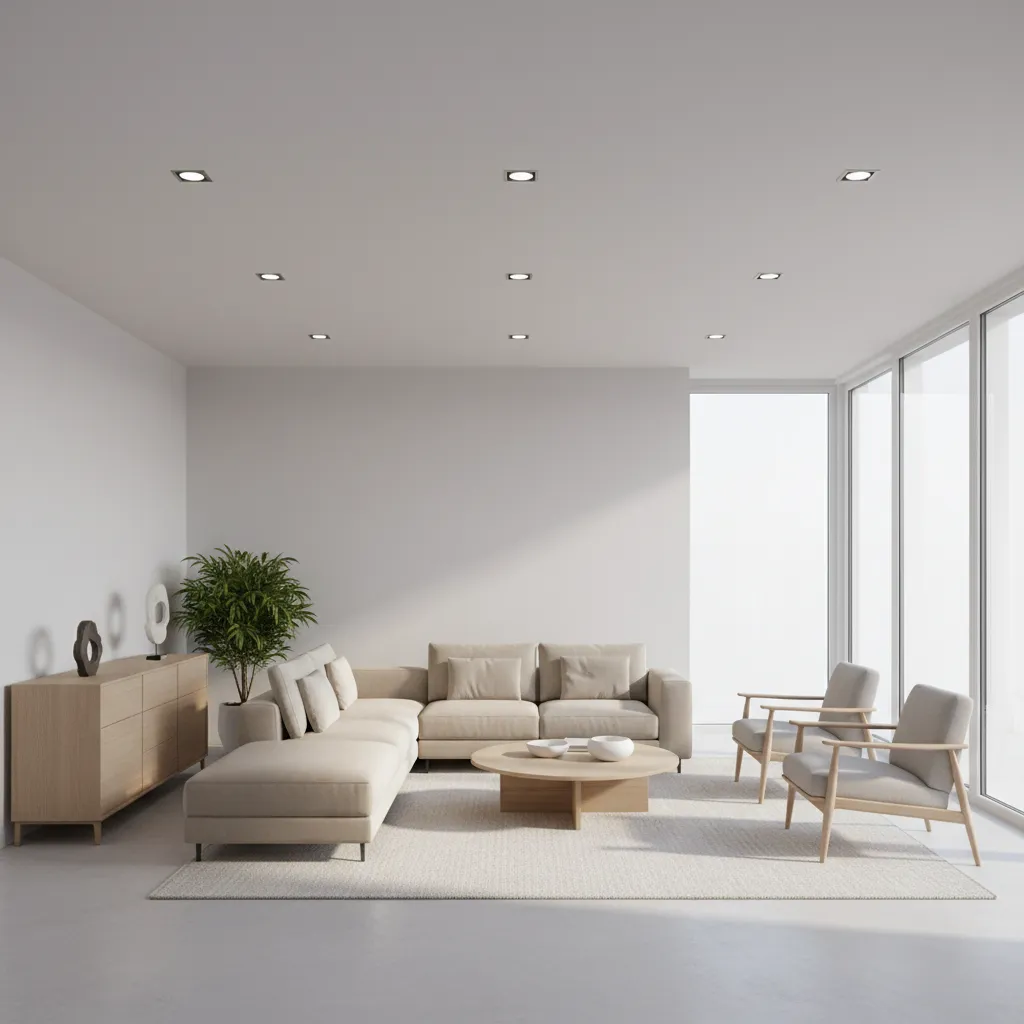 Minimalist living room with smooth flat ceiling and recessed lighting