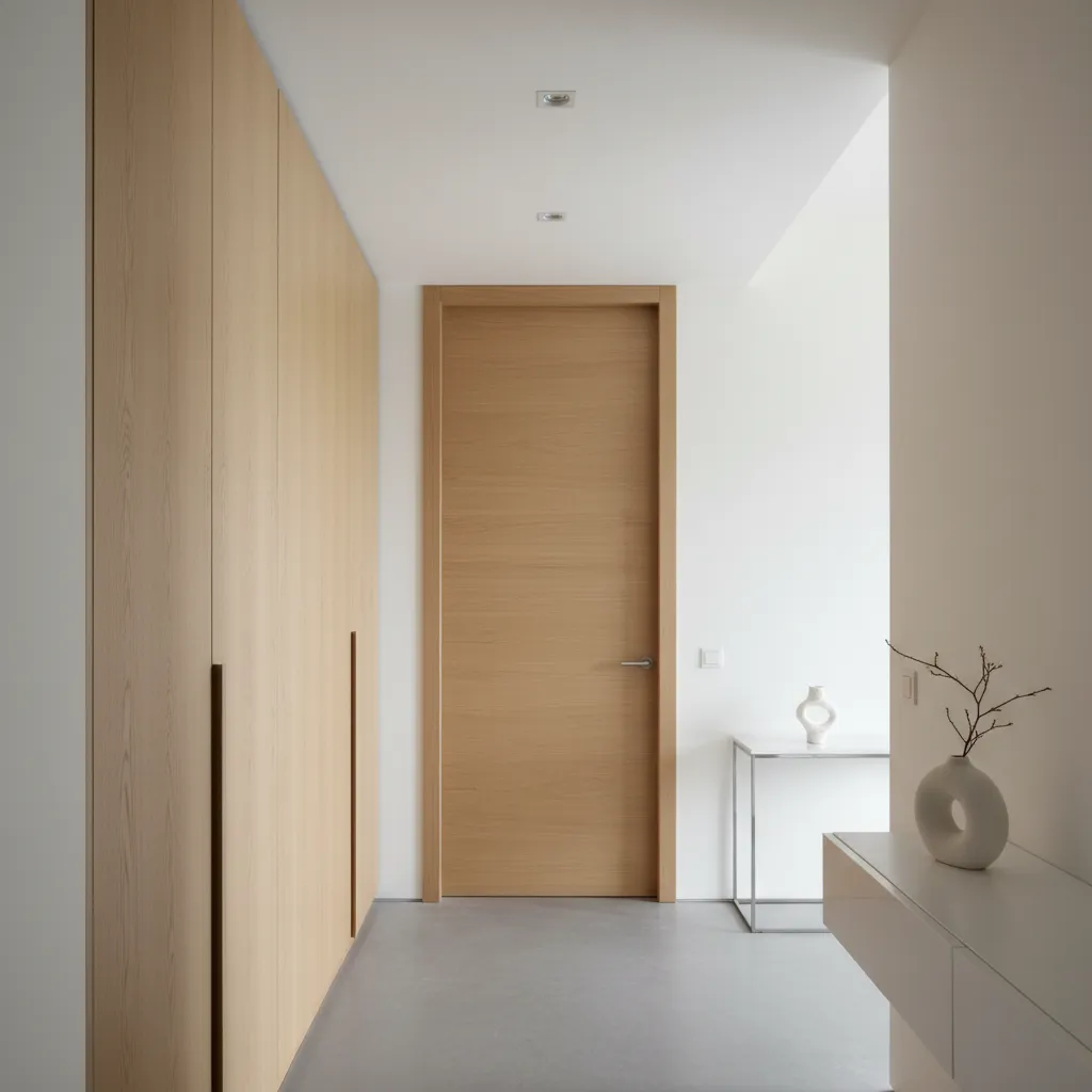 Minimalist hallway with wooden door large cabinet white walls gray floor and small console table