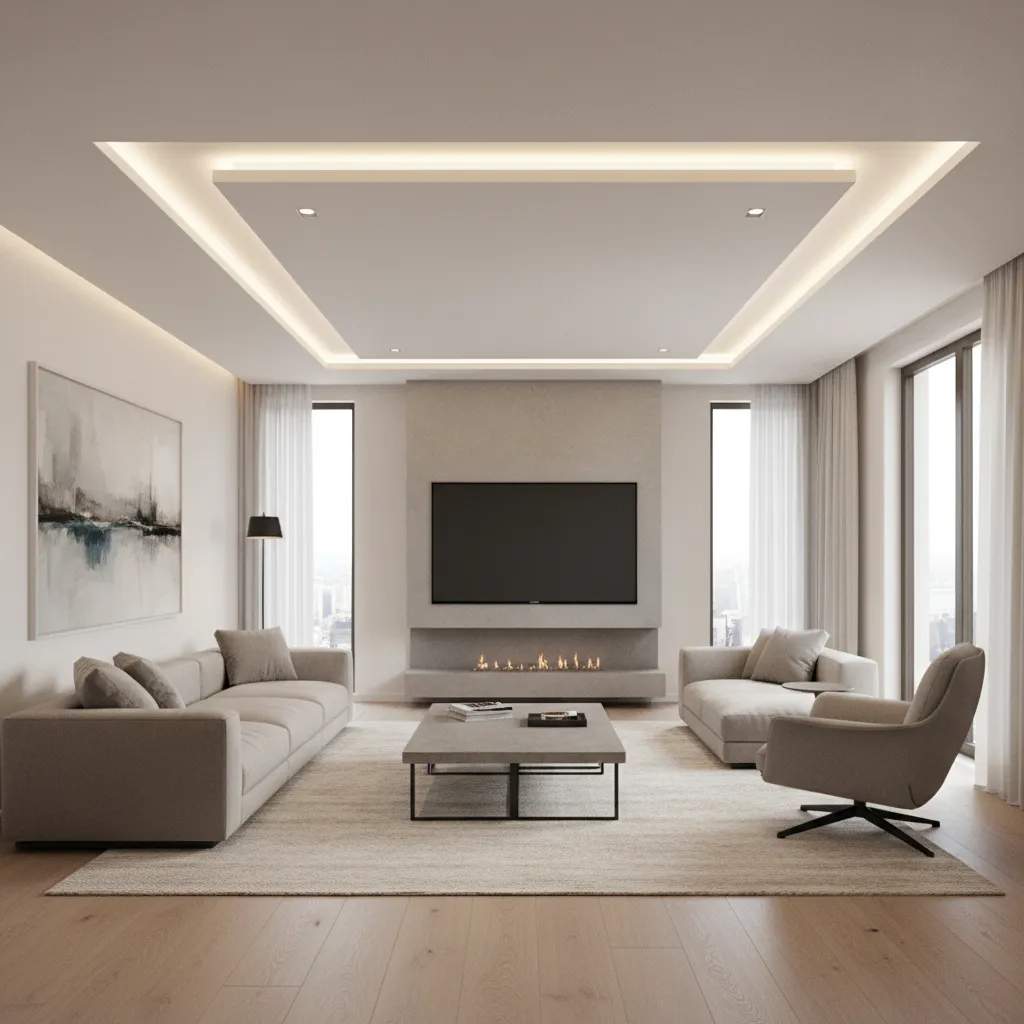 Modern floating panel false ceiling with hidden lighting in living room