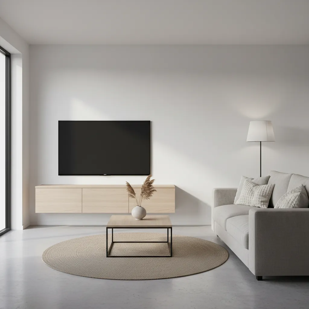 Minimalist floating TV stand in modern living room