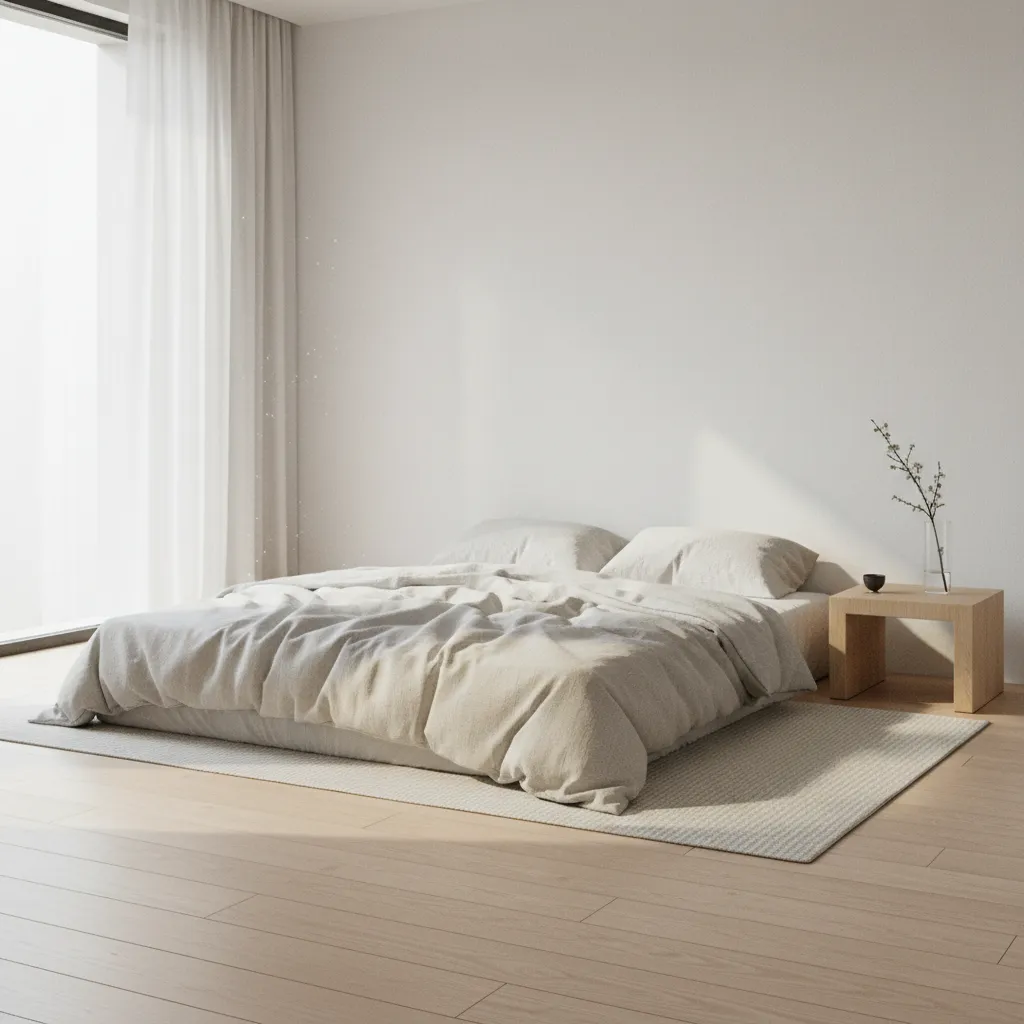 Minimalist bedroom with mattress placed directly on wooden floor