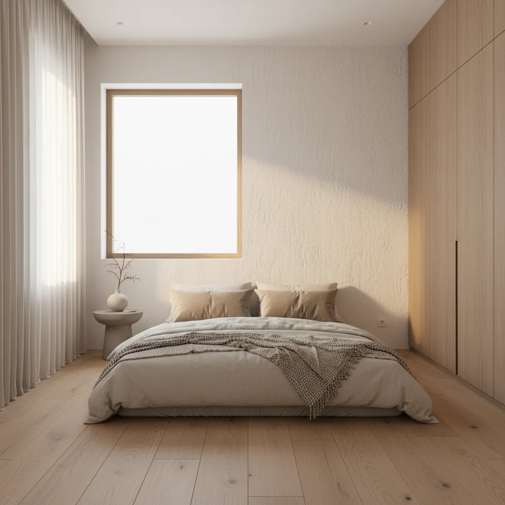 minimalist bedroom with mattress placed directly on wooden floor