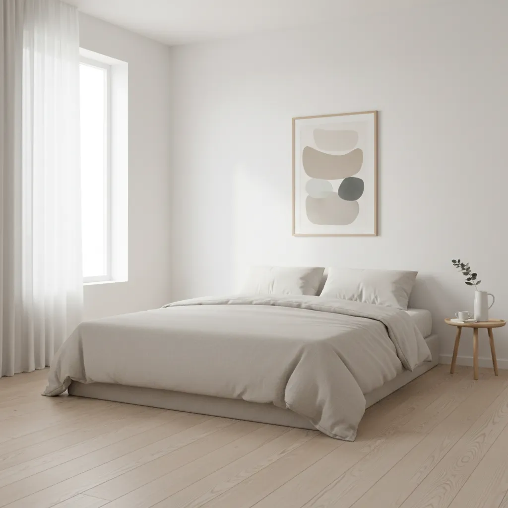 minimalist bedroom with mattress directly on wooden floor