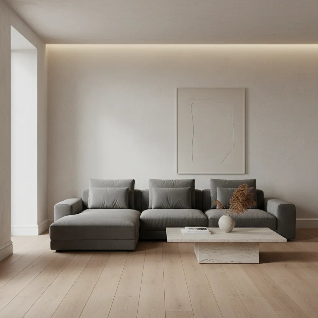 Minimalist living room with flush baseboards and clean wall lines