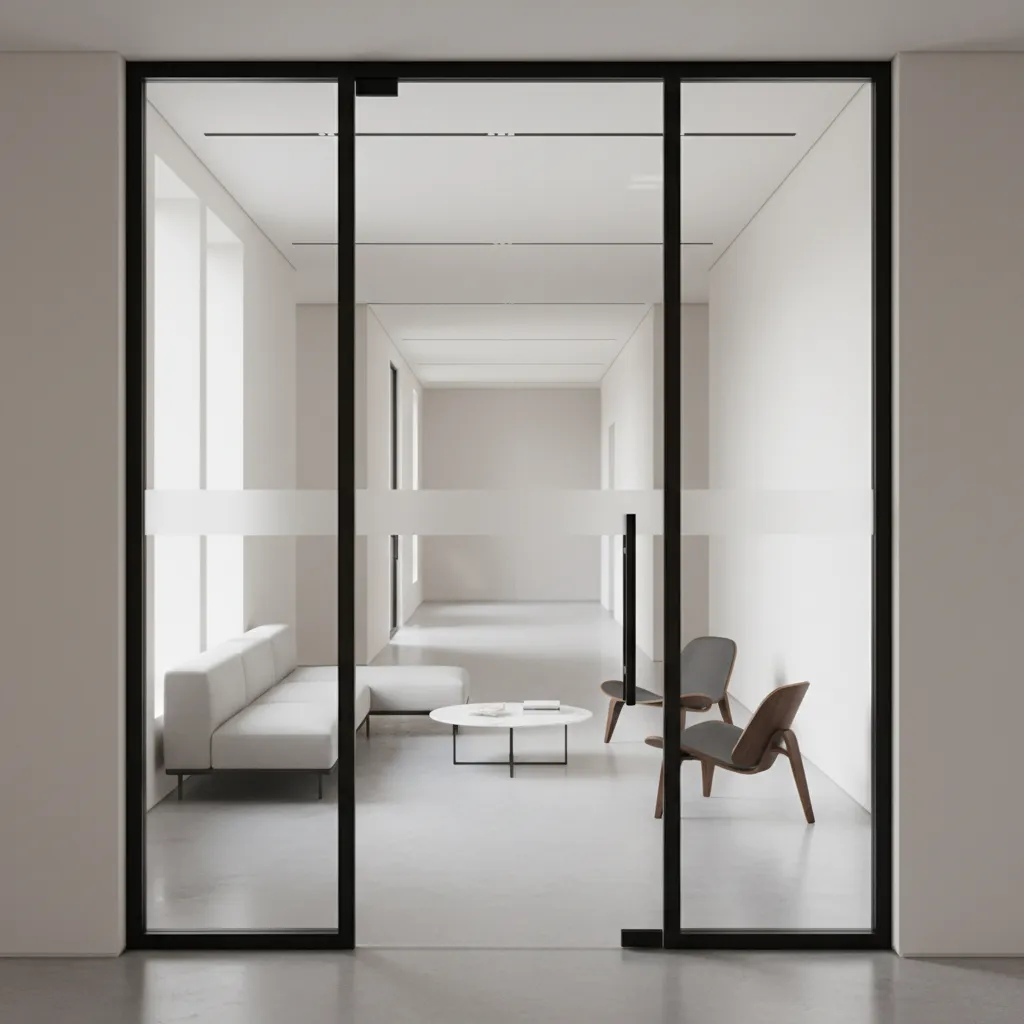 Office storefront door with minimalist frosted stripe pattern