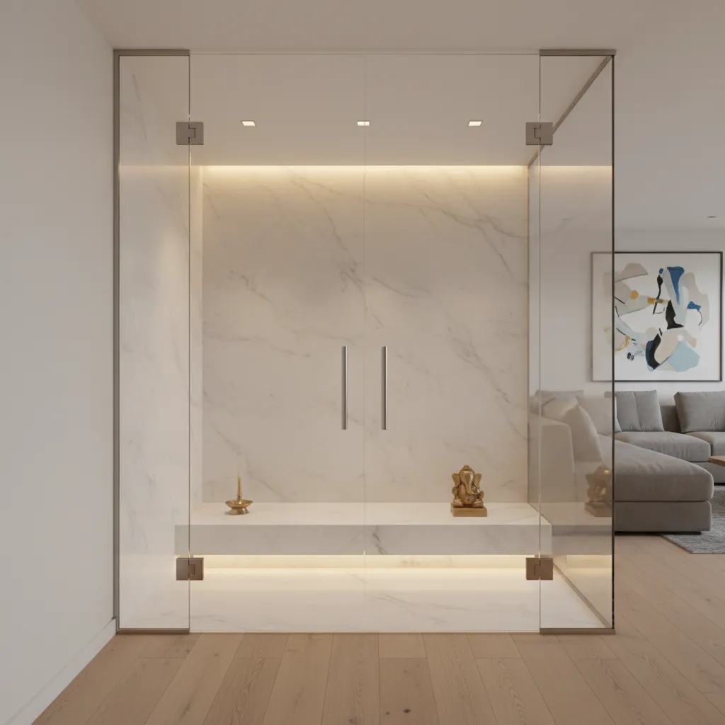 Minimalist clear glass double doors for modern pooja room