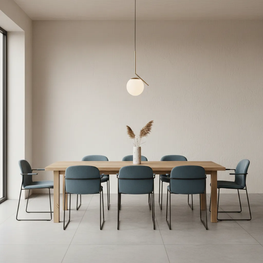 Comedor minimalista con sillas de color como acento visual