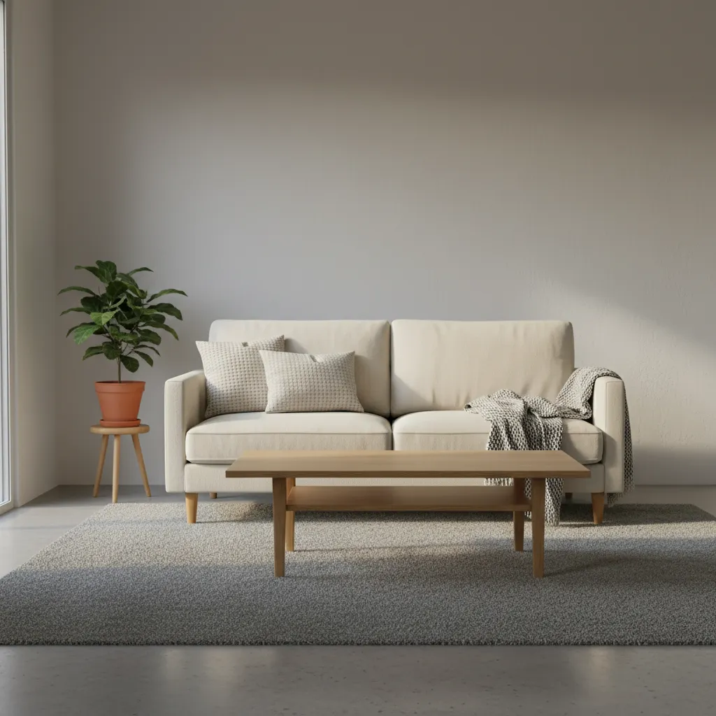 Sala pequeña con muebles minimalistas y sofá compacto
