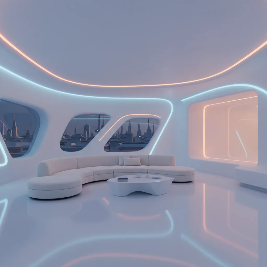 Sala minimalista futurista con iluminación LED integrada