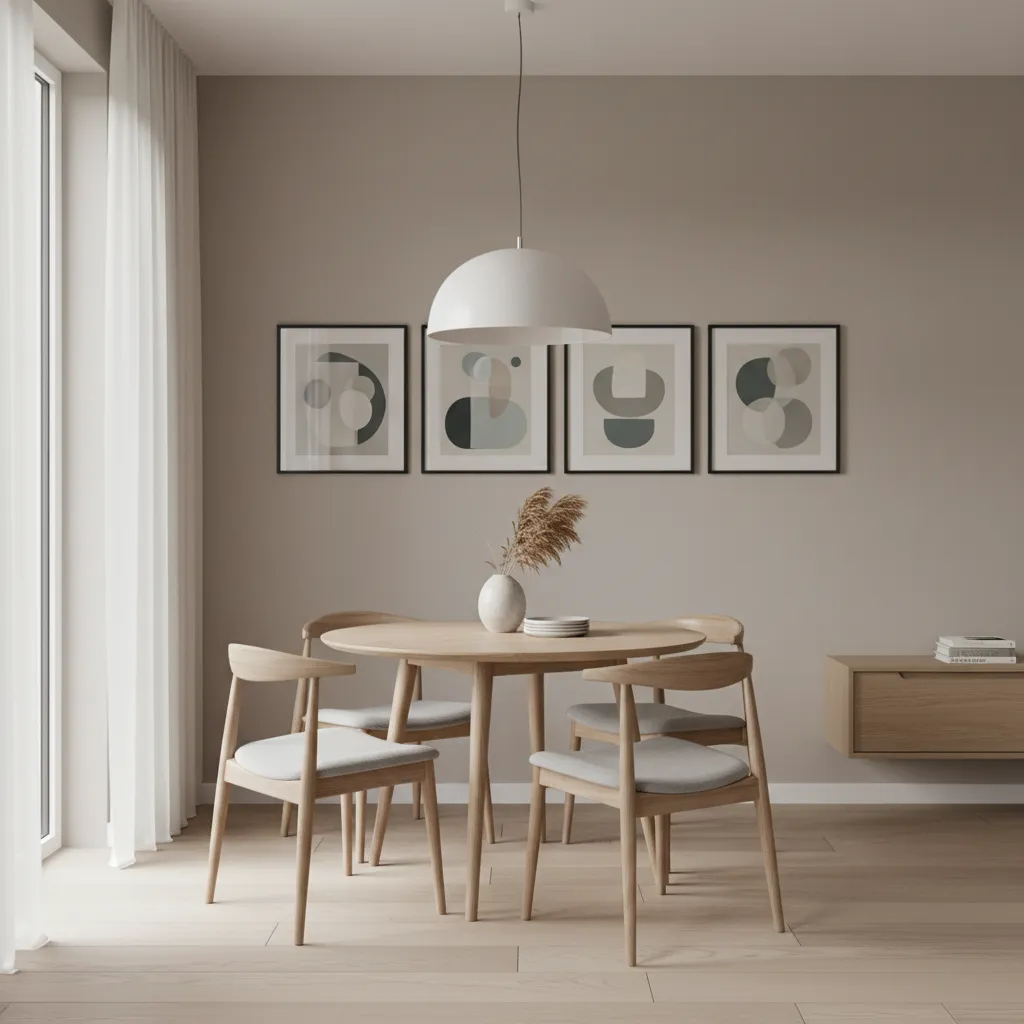 Minimalist gallery wall arrangement above a small dining table