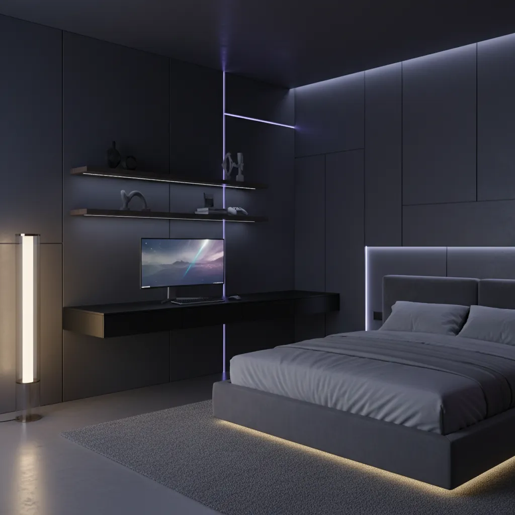 minimalist gaming aesthetic bedroom with neon accent lighting