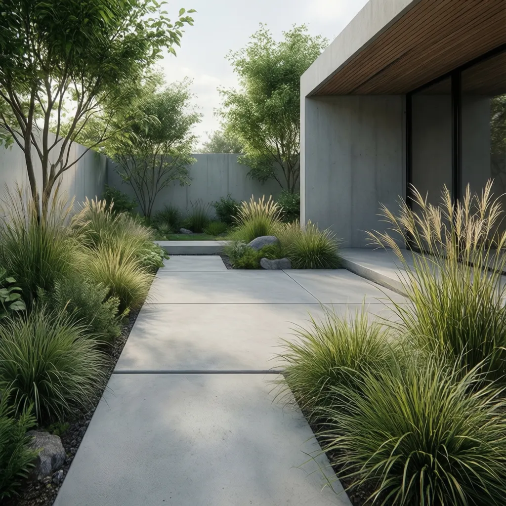 Jardín minimalista con pocas plantas y diseño limpio