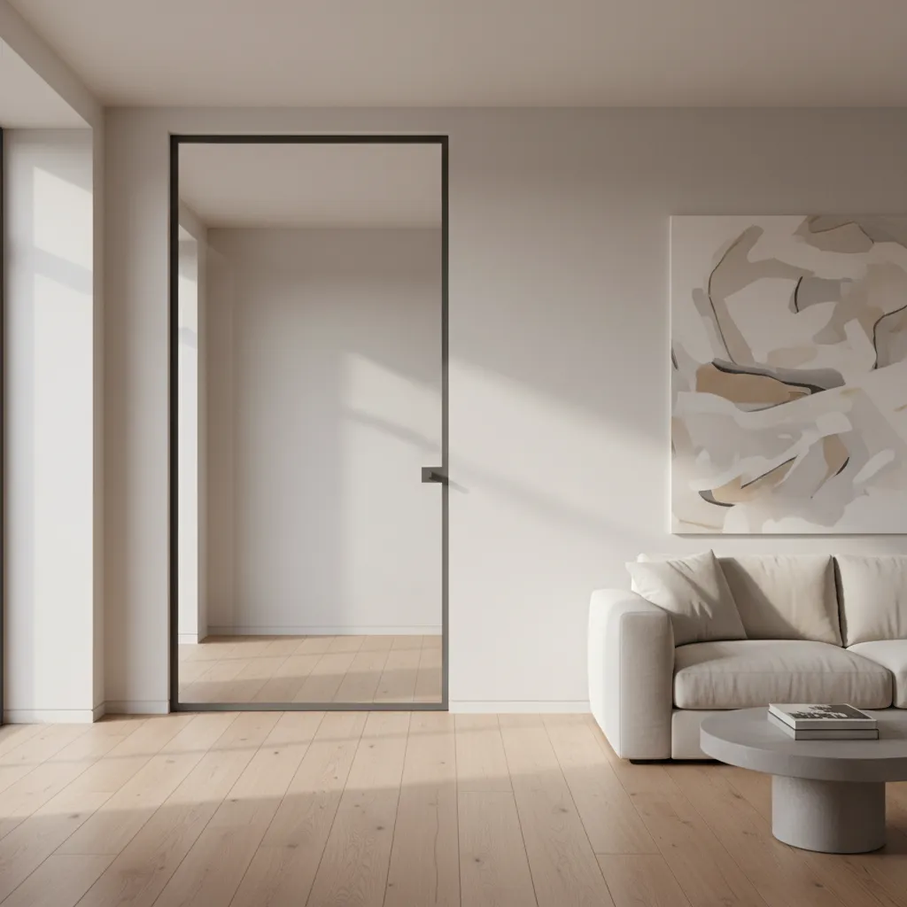 Puerta interior minimalista con gran panel de cristal