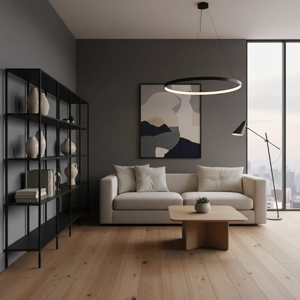 Modern living room with grey sofa wooden coffee table black shelf and round ceiling light