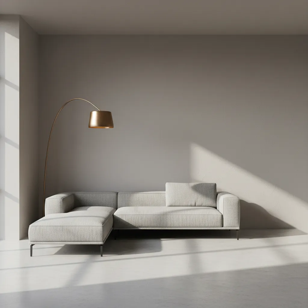 Minimalist living room featuring grey tones with a bronze floor lamp accent