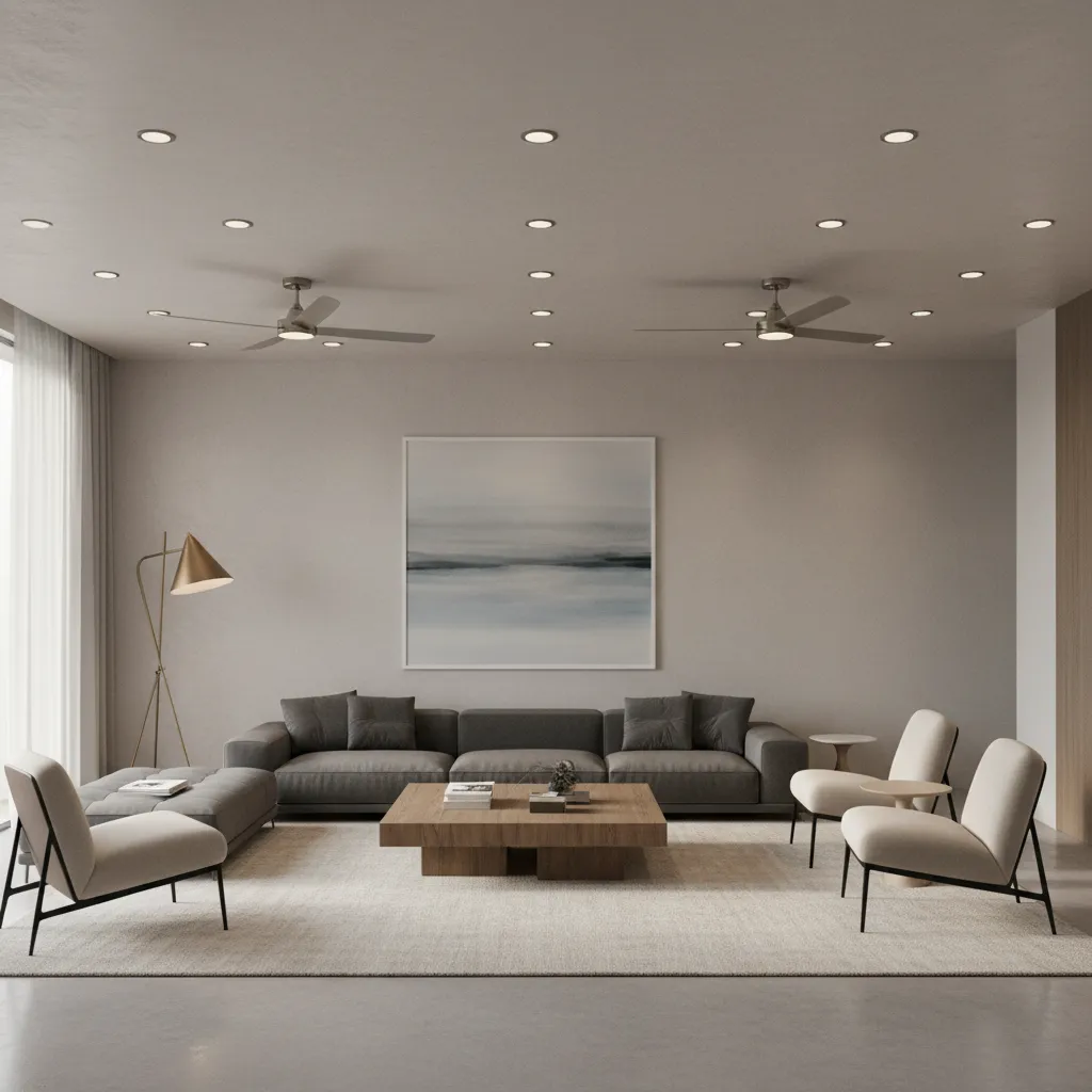 Minimalist gypsum ceiling design with two fans and recessed lighting