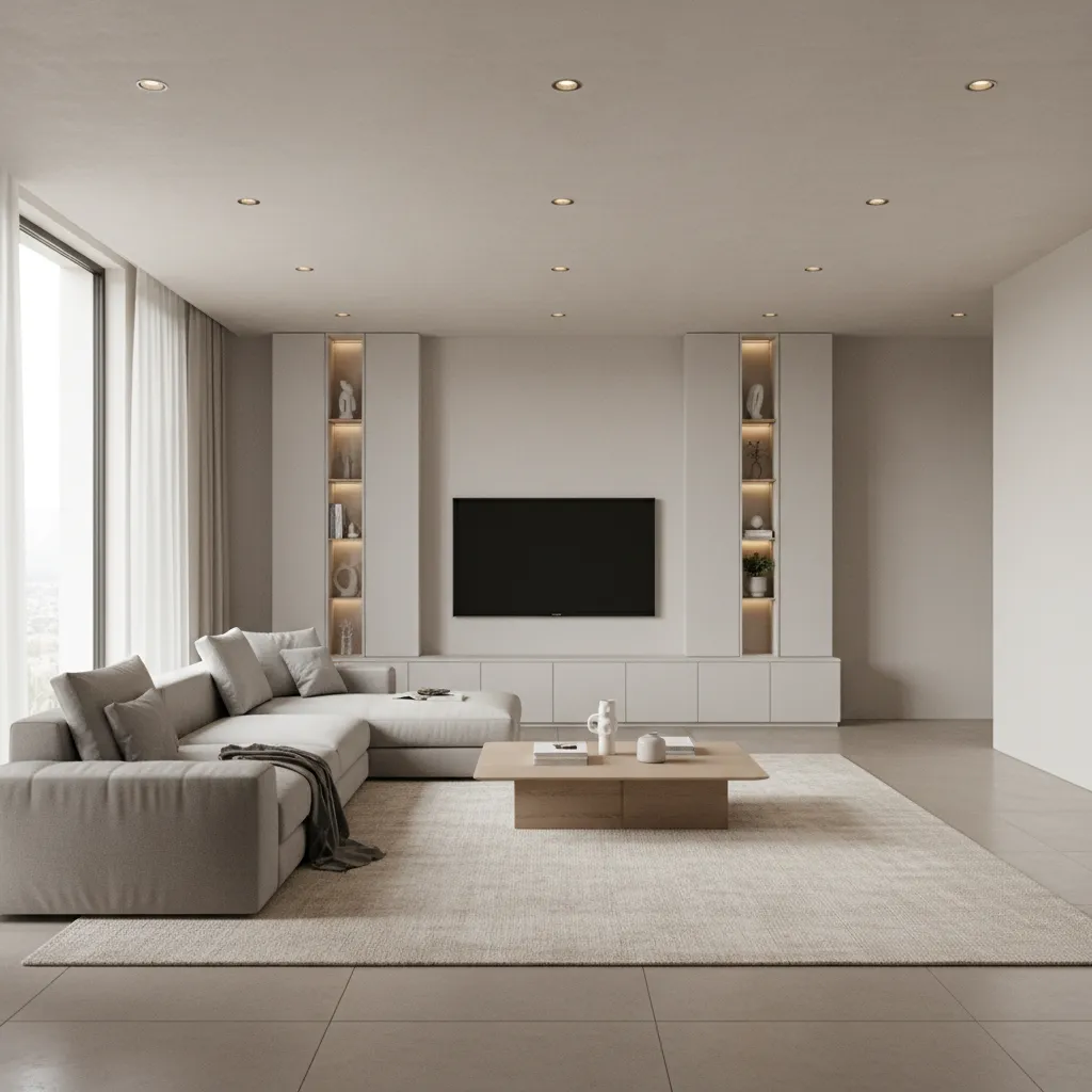 minimalist living room with smooth gypsum flat ceiling and recessed lights