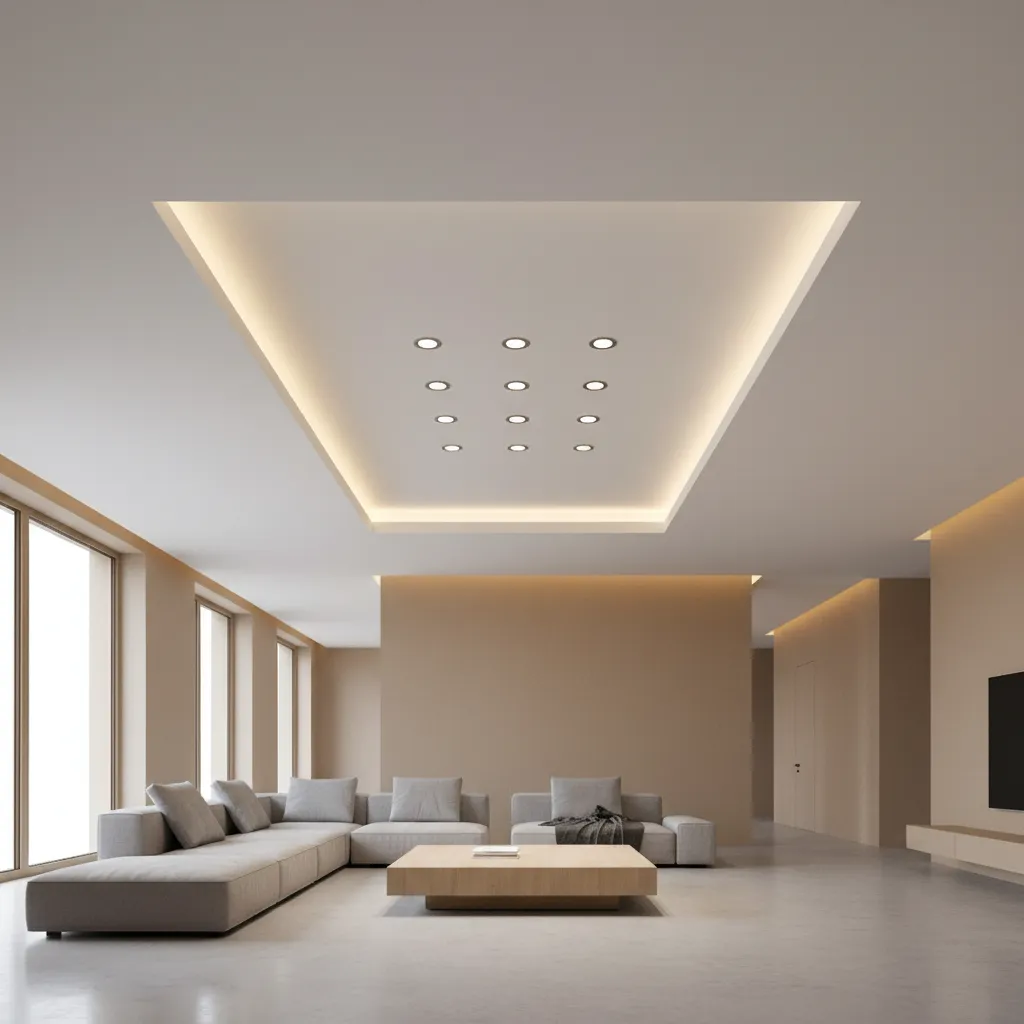 minimalist hall ceiling with recessed lighting and clean geometry
