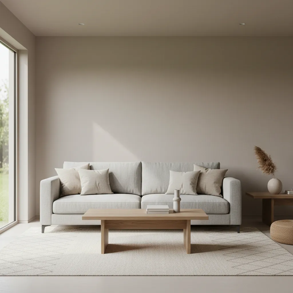 Minimalist hall interior with sofa coffee table neutral palette and natural light