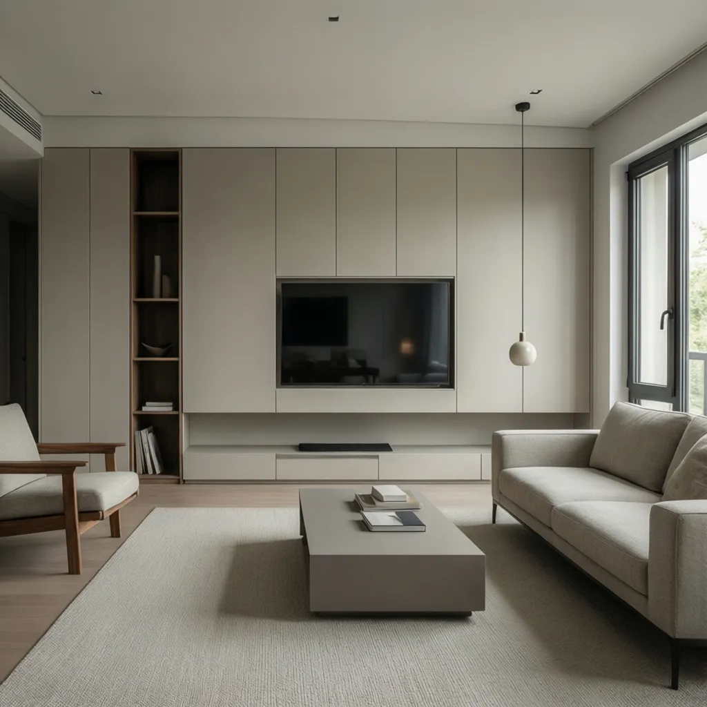 Salón minimalista con almacenamiento oculto integrado