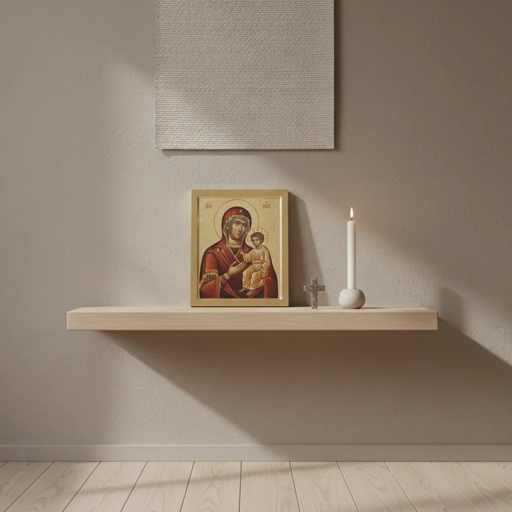 Altar doméstico minimalista con pocos elementos religiosos y diseño limpio