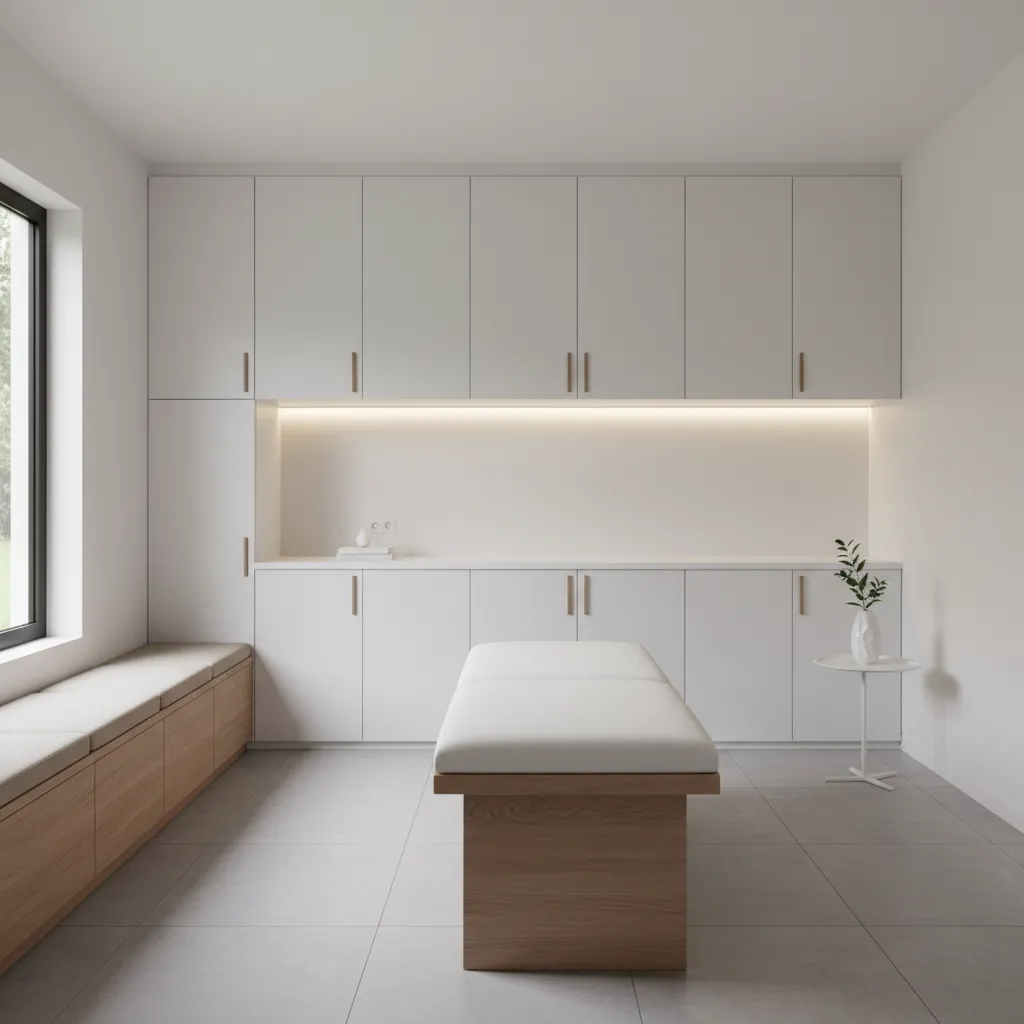 Minimalist medical clinic room with white wall cabinets a wooden treatment bed and grey floor
