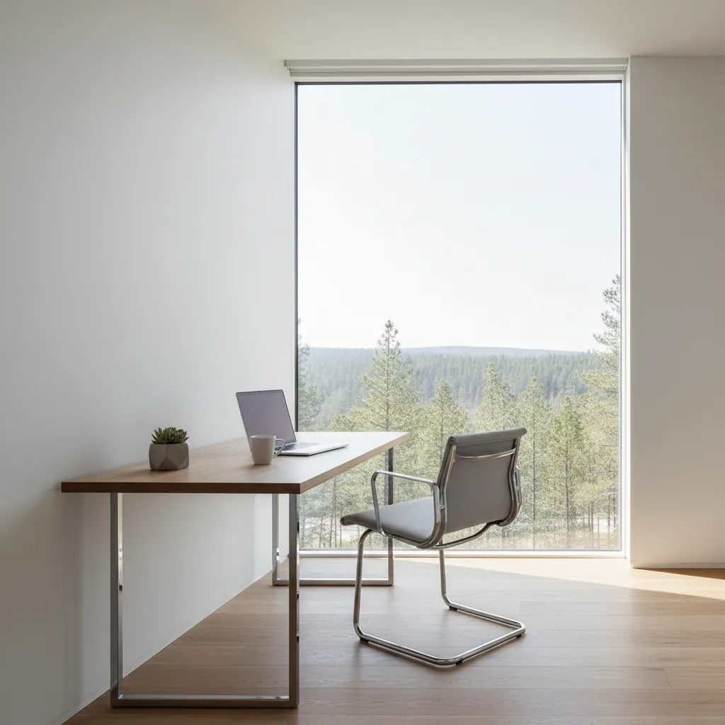 Minimalist home office with slim modern chair and clean desk setup