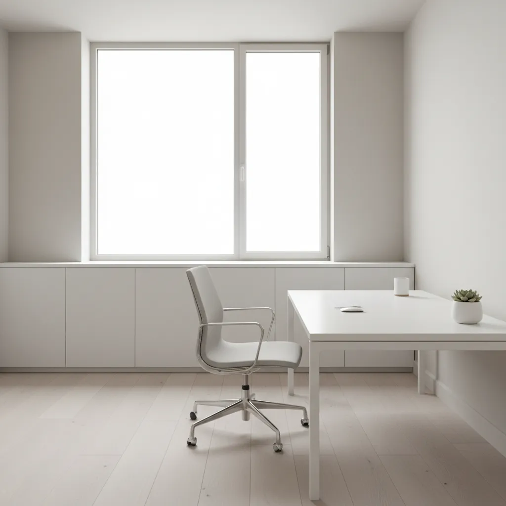 clean minimalist home office with white desk natural light and simple decor