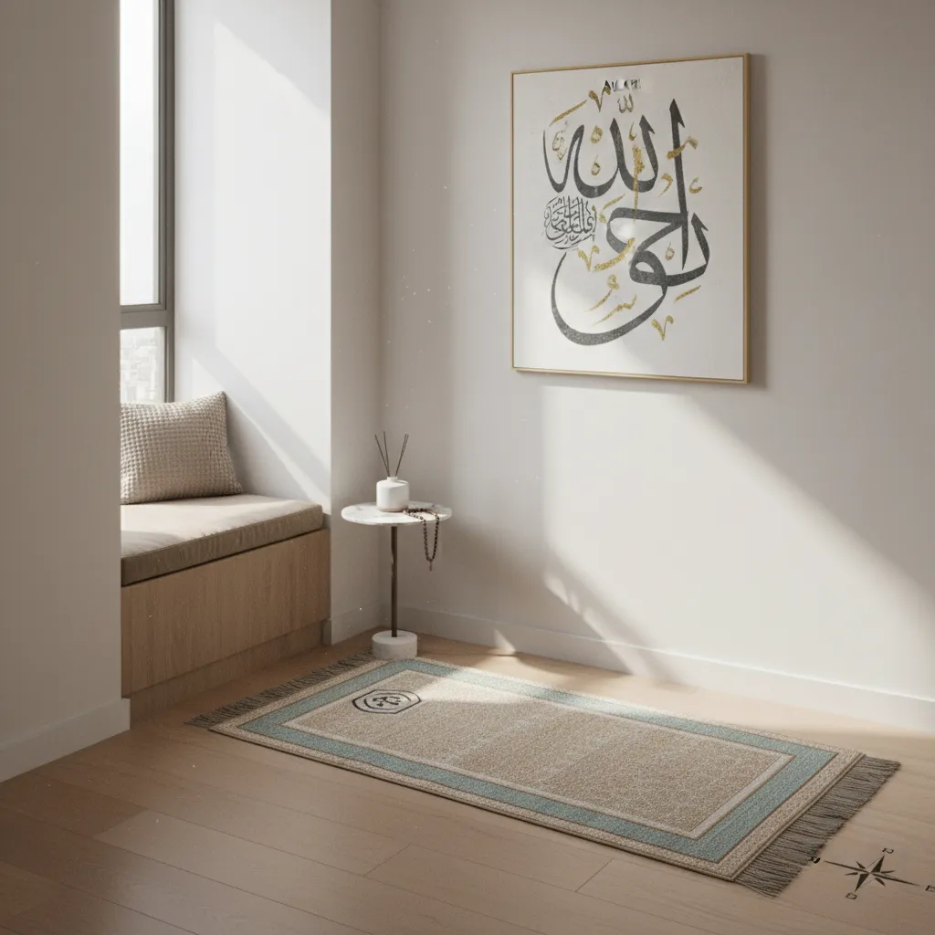 Minimalist muslim prayer corner with prayer mat and wall calligraphy