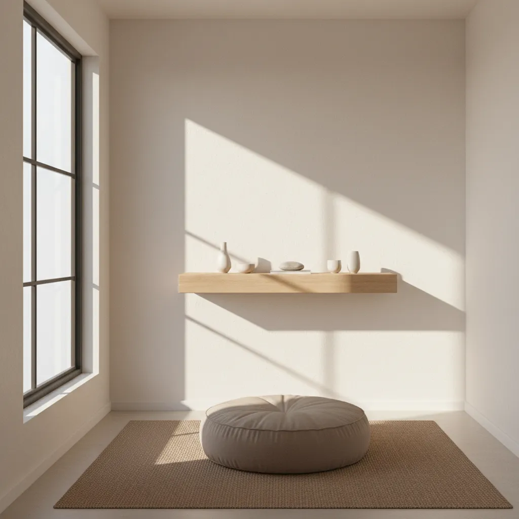 Minimalist home prayer space with floor cushion, wood shelf altar and natural light