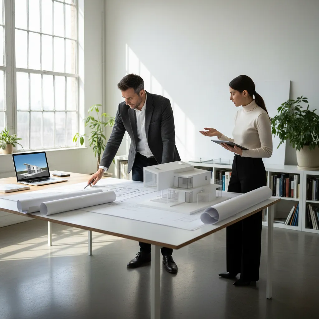 Proceso de planificación de una casa minimalista con planos y modelo 3D