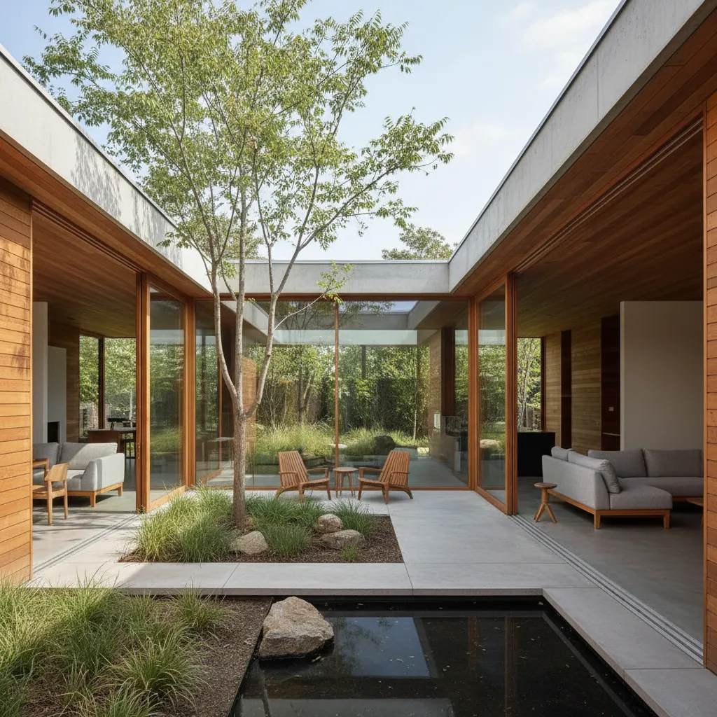 Casa minimalista de una planta conectada con jardín interior