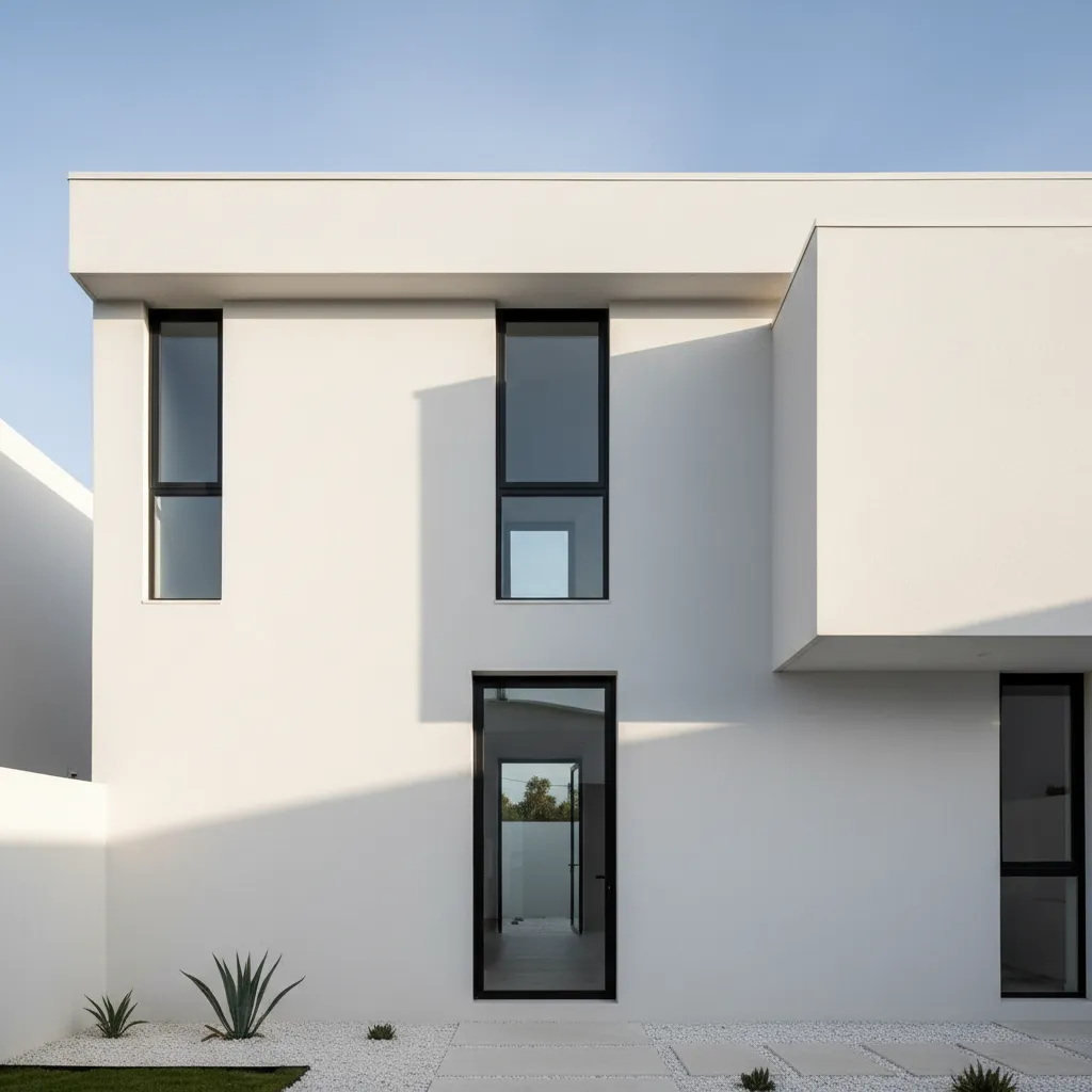 Fachada minimalista con volúmenes retranqueados que generan profundidad