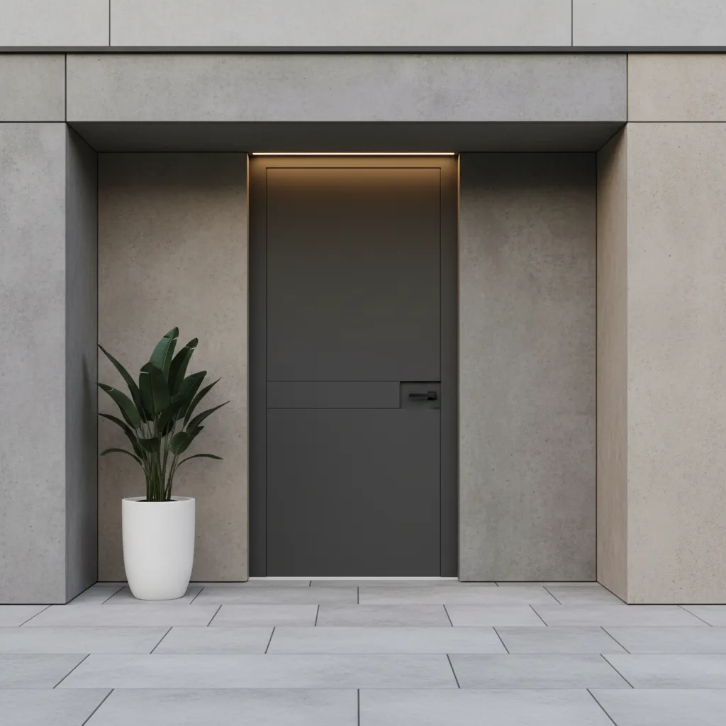 Minimalist dark grey front door with concrete walls a white potted plant and grey floor