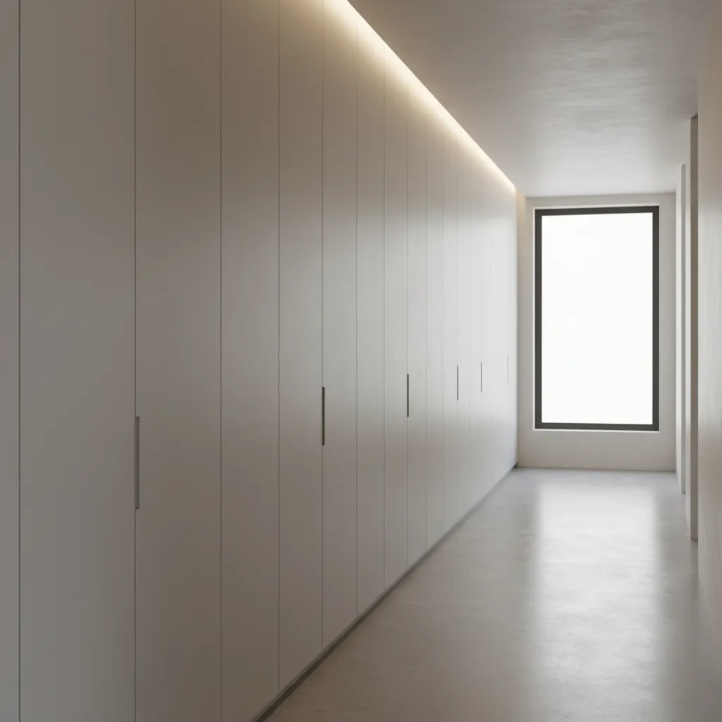 Minimalist white hallway with storage cabinets a hidden light fixture and one bright large window