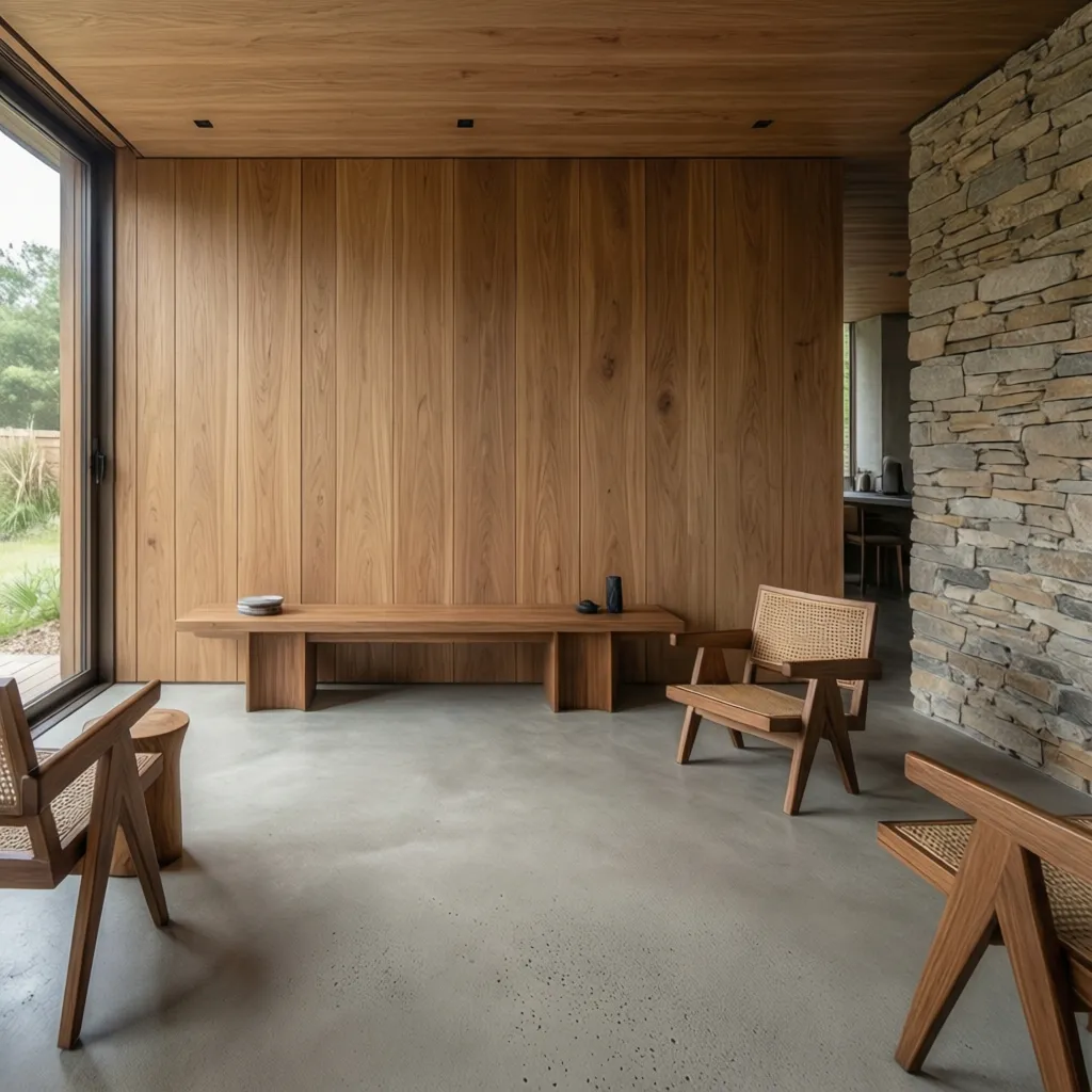 Interior minimalista con combinación de madera, piedra y microcemento
