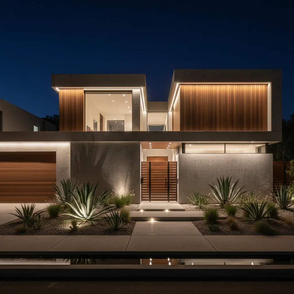 Casa minimalista iluminada de noche con luces arquitectónicas modernas