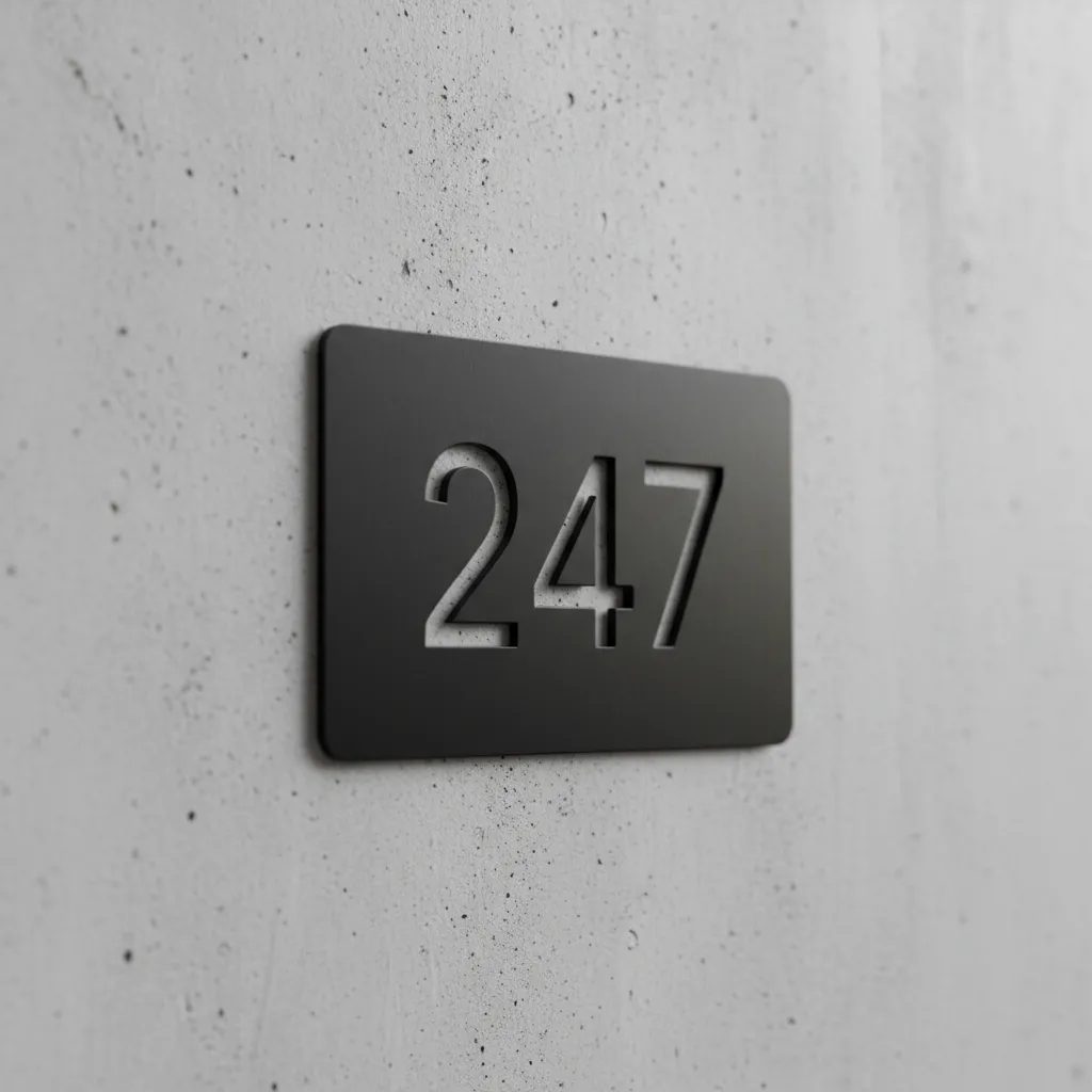 Placa minimalista con número de casa en metal negro