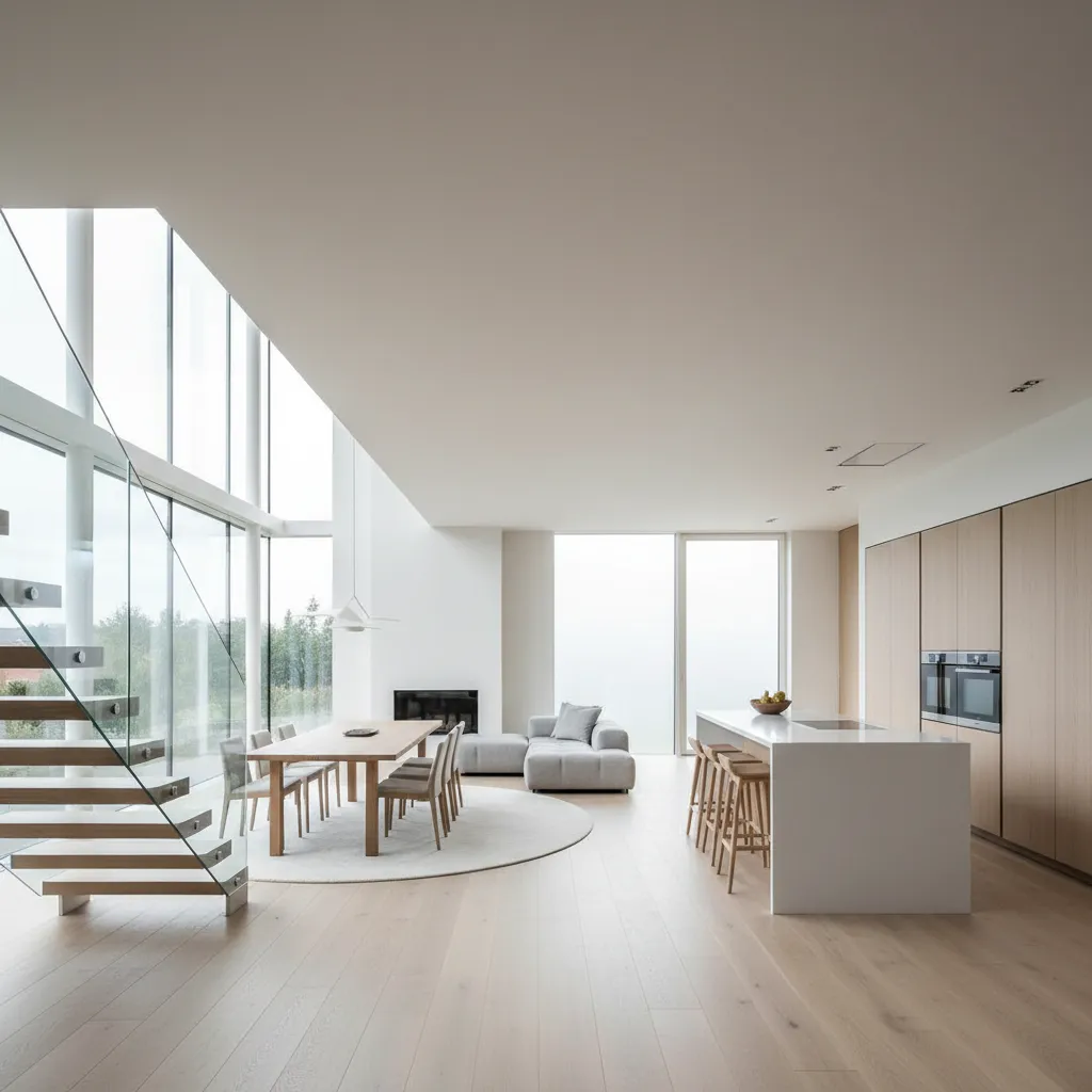 Open plan kitchen with white island dining table grey sofa wooden floors and glass stairs