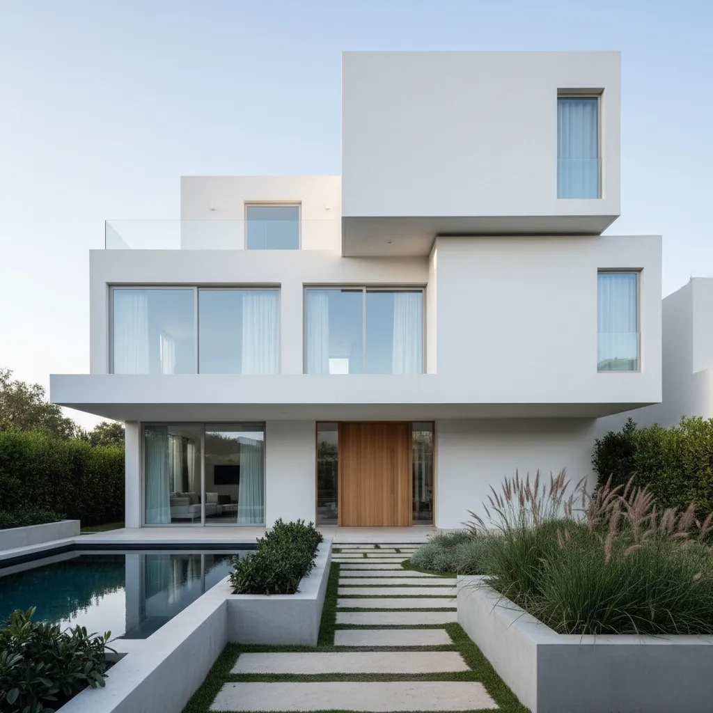 Casa minimalista con volúmenes geométricos y fachada blanca moderna