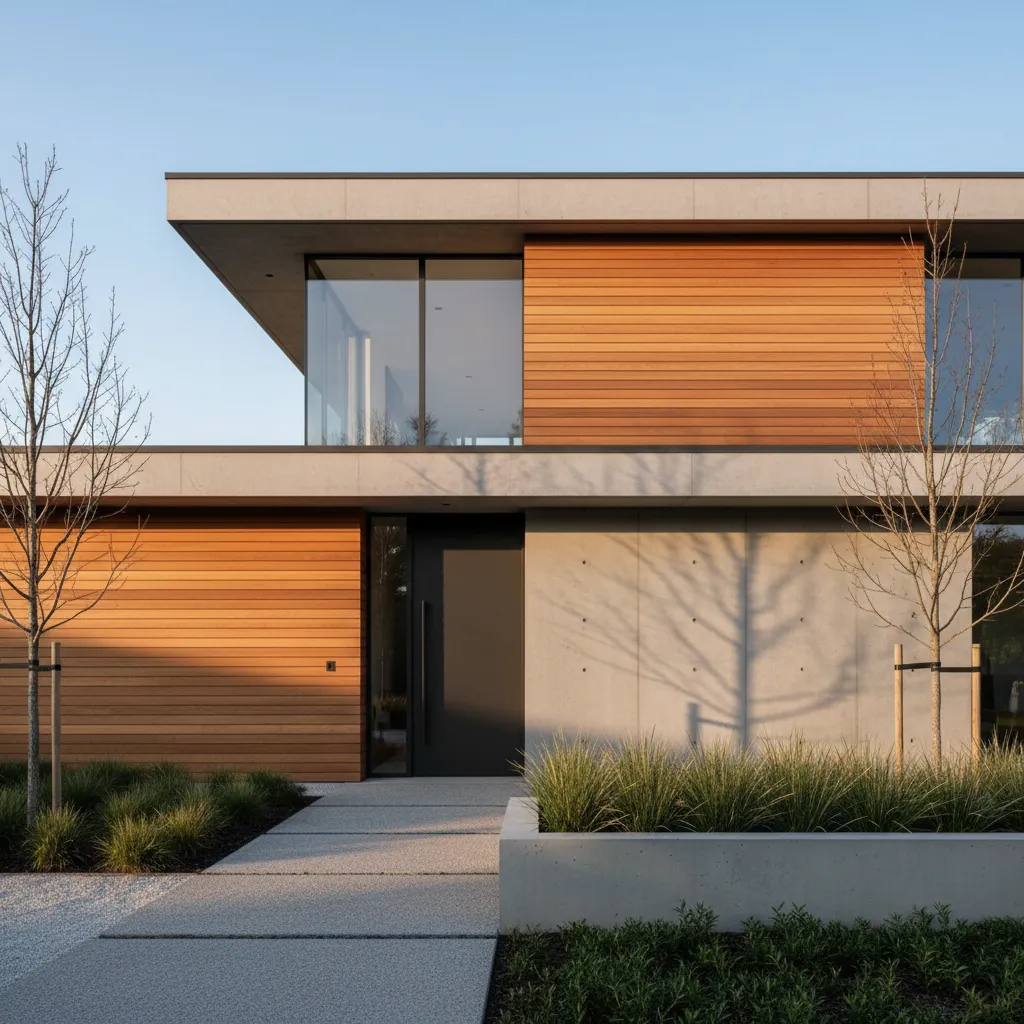 Casa minimalista combinando hormigón, madera natural y grandes ventanales