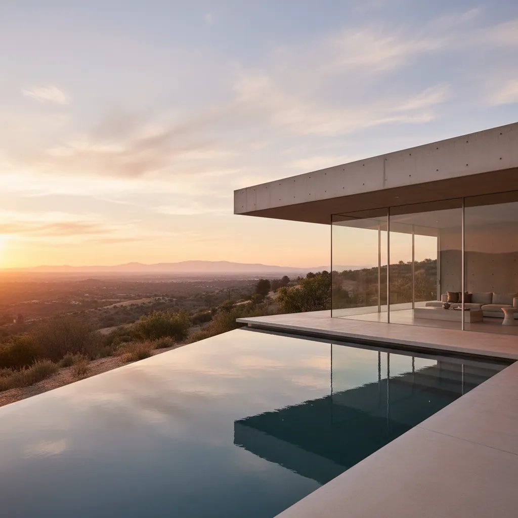 Alberca infinita frente a una casa minimalista moderna