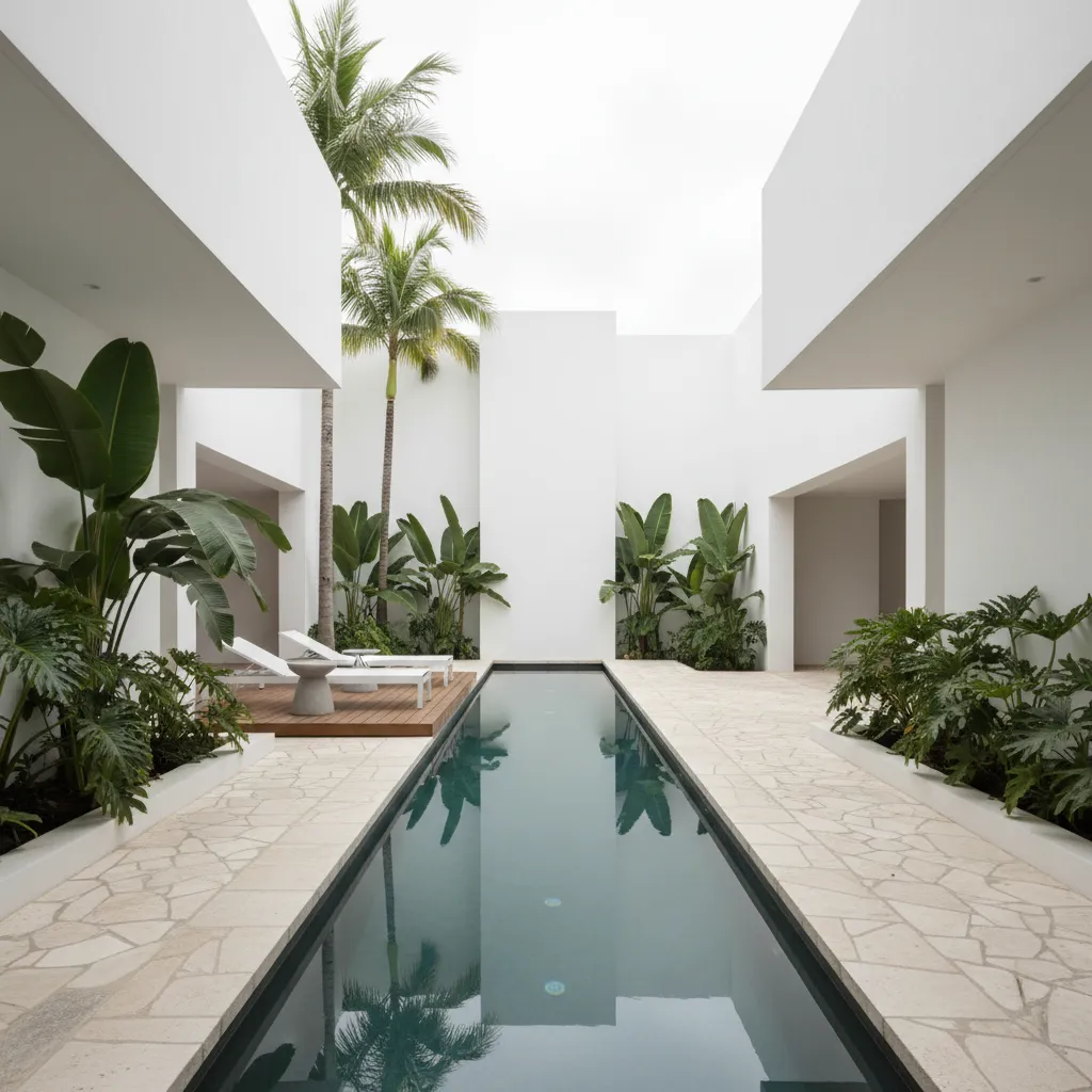 Patio interior minimalista con alberca rectangular y muros blancos