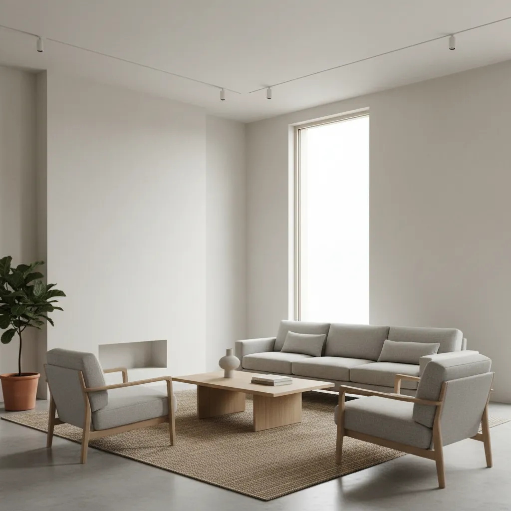 Minimalist living room featuring grey sofa wooden coffee table two armchairs brown rug and plant