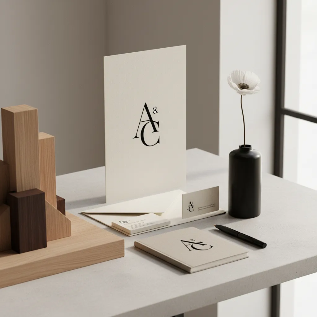 logo minimalista aplicado en papelería de estudio de interiorismo