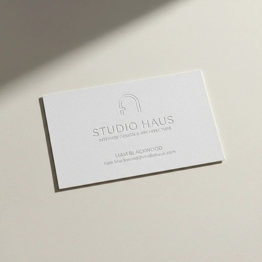 Minimalist white business card for interior design studio resting on a textured surface with shadows