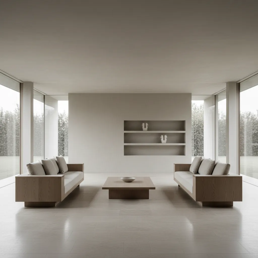 Minimalist living room with two wooden sofas facing each other and one low wooden table
