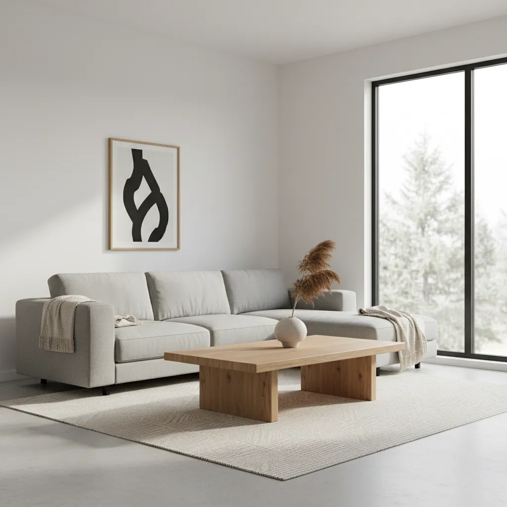 Modern living room with grey sofa wooden coffee table large window white walls and art