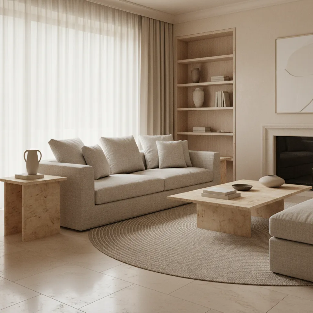 Sala minimalista elegante con materiales nobles y colores neutros